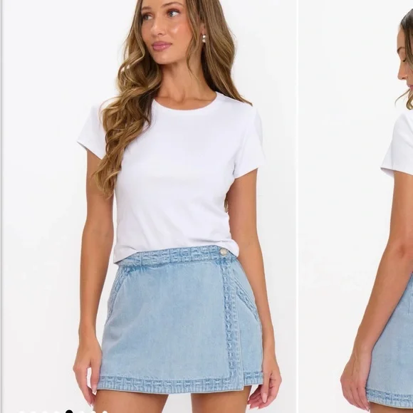 Show Me Your MuMu Light Wash Denim Mini Skirt with Woven Trim - Picture 2 of 3